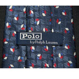 POLO by Ralph Lauren Mens 100% Silk Jacquard Tie Blue Red White Diamonds